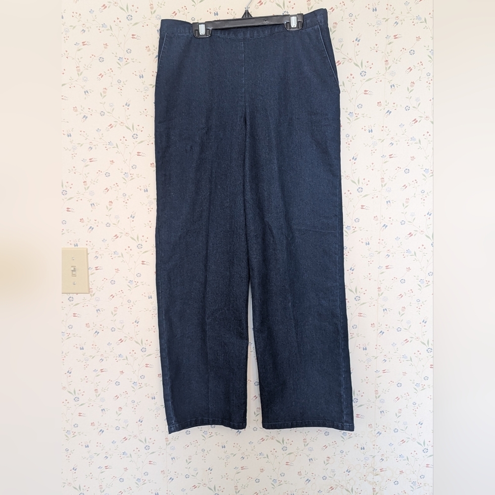 👖Alfred Dunner 8P Dark Blue Denim Pants Stretch Waist Wide Leg Office Casual